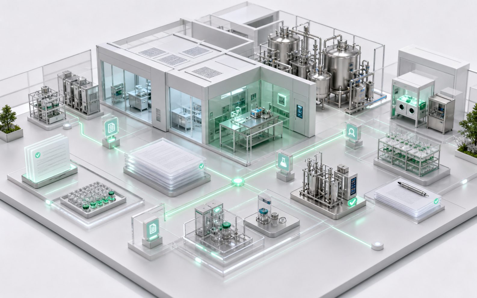 Maquette pharmaceutique miniature avec laboratoire, cleanroom, équipements et tracés lumineux de validation