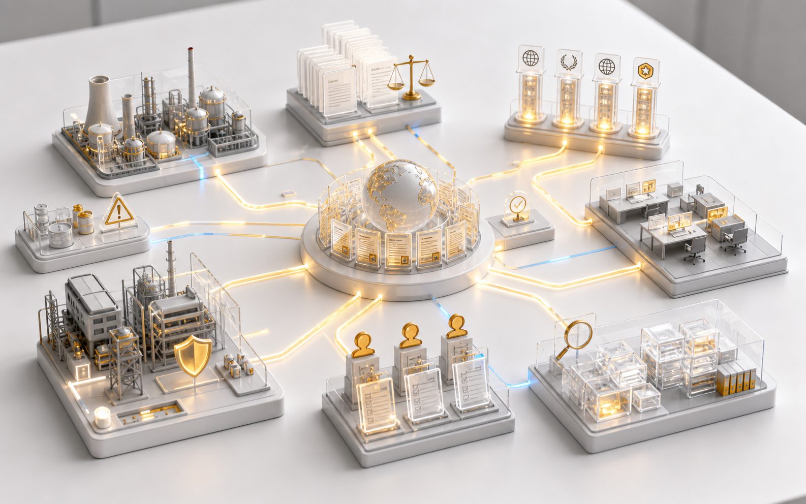 Maquette HSE miniature avec sites industriels, documents réglementaires vierges et tracés lumineux d'actions